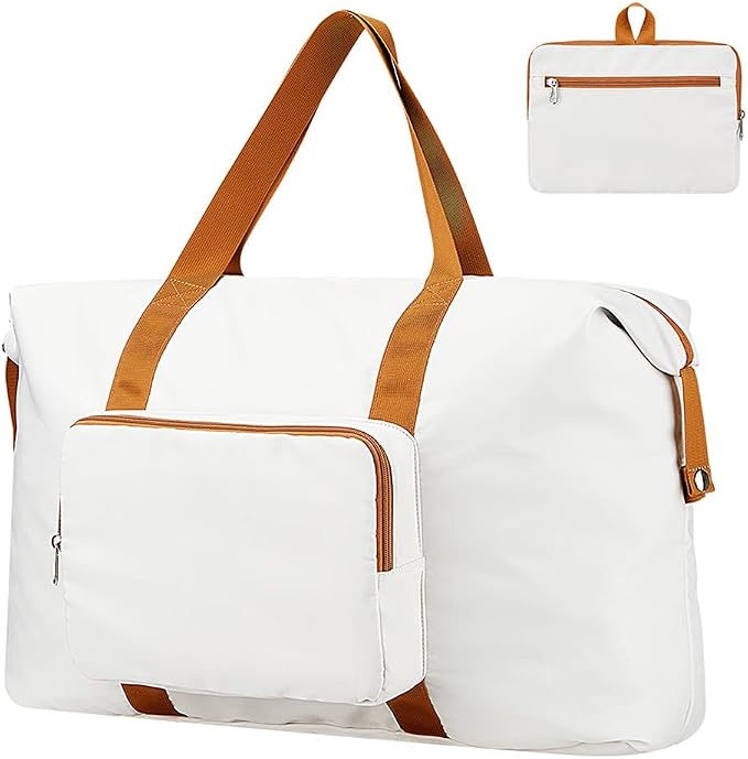 Travel Duffel Bag 60L Large Tote Carry On Foldable, White-Brown | Carry On Duffel Bag for Women Men, Foldable Bags for Travel, Hospital Bag for Labor and Delivery, Weekender Overnight Bag by TIDALFLASH