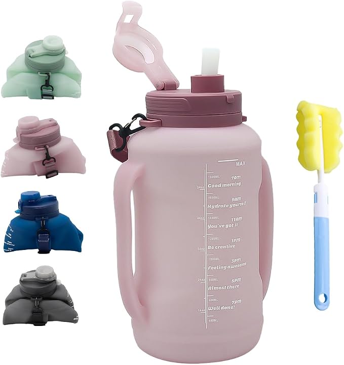 64oz Collapsible Silicone Water Bottle with Straw, BPA-Free,Foldable Water Jug with Handle for Gym, Hiking, Camping,Fishing (Pink) by Unknown