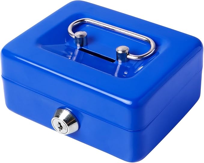 Jssmst Small Cash Box with Lock and Slot, Metal Coin Piggy Bank for Adults and Kids, Blue Locking Money Box by Jssmst
