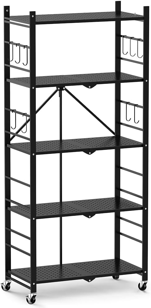 Himix 5-Tier Foldable Storage Shelves with 20 Hooks Wheels Kitchen Black | Folding shelving units, Metal collapsible organization, Wire rack, No assembly, Bookshelf, Garage, Pantry, Holds 440 Ibs - Image 9