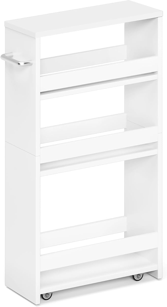 MARTY Slim Rolling Storage Cart, Wood Utility Kitchen Bathroom Laundry Cart | 4 Tier Kitchen Cart with Wheels Handle, Laundry Room Organization, Narrow Bathroom Storage Cabinet, 5.5" Wide Storage Trolley by MARTY