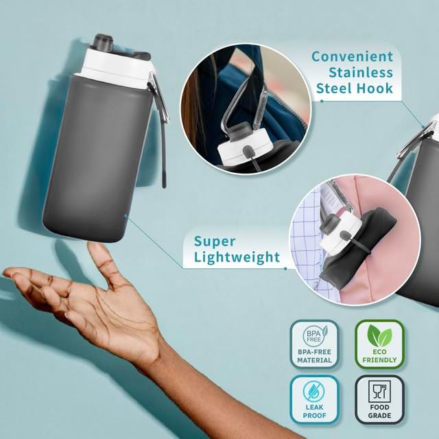 Collapsible Water Bottles 19oz with Spout & Carabiner, Odorless BPA-Free Silicone, Leak-Proof Foldable Reusable Bottle - Perfect for Travel Sports Gym Hiking Camping Cycling - Clear Black - Image 4