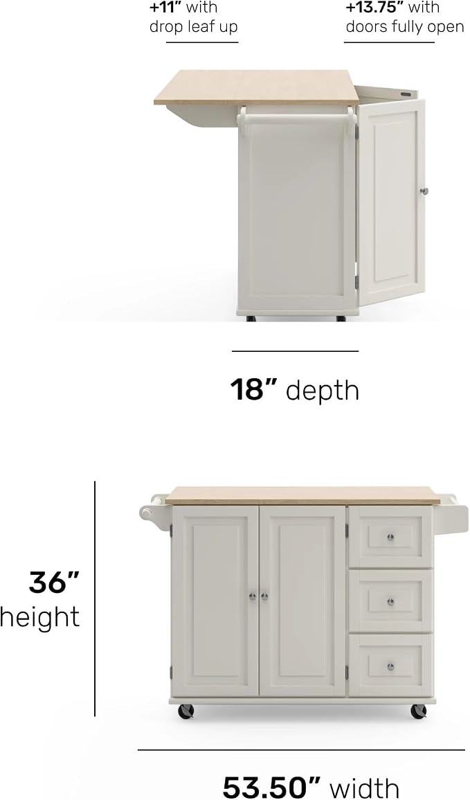 Homestyles Dolly Madison Off-White Mobile Kitchen Island Cart with Wood Drop Leaf Breakfast Bar - Image 4
