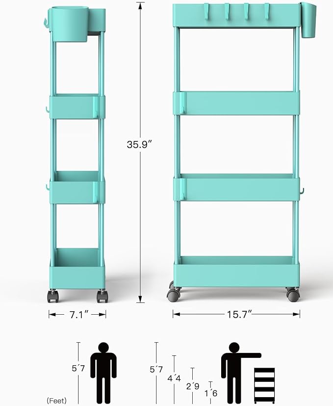 Pipishell 4 Tier Slim Storage Cart with Wheels, Laundry Cart, Turquoise | 7.1 Inches Wide – Fits Narrow Spaces, Storage Cup and 6 Hooks, Ventilation Holes, Durable ABS Material, Detachable Wheels - Image 8