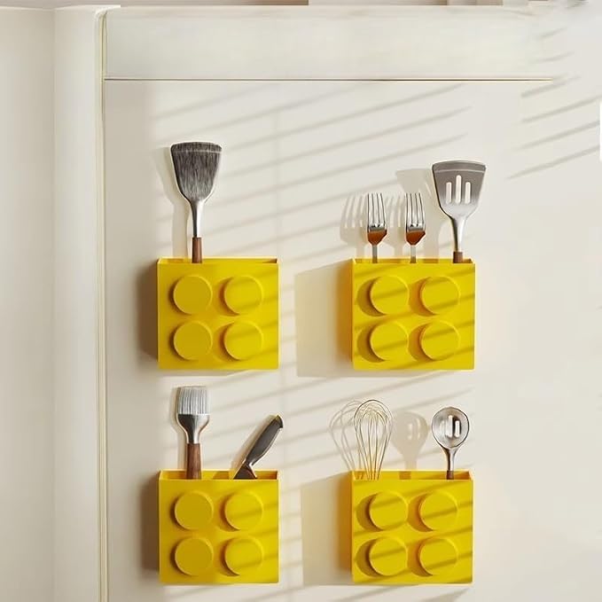 Magnetic Basket Organizer for Fridge - Lego-Style ABS Plastic Storage Box,No Drill Design for Kitchen Counter, Microwave & Whiteboard, Holds Up to 3.5 lbs (Yellow) - Image 2