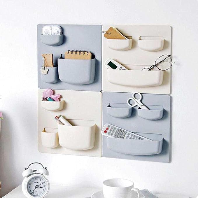 Modern Grey Wall Desk Organizer - 2 Parts, 6 Organizer Pockets, and Adhesive Holder Shelves for Easy Storage of Small Things at Home or Office. Wall Organizer Easy to Install in Ligth Grey to Decor - Image 7