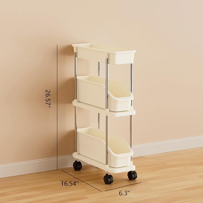 Slim Storage Cart 3 Tier Slim Rolling Utility Cart with Pull-Out Baskets & Wheels for Narrow Space in Kitchen Dining Room Bathroom Laundry Room Cream White (Width 6.3 Inches) - Image 2