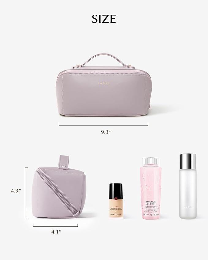 EACHY Travel Makeup Bag for Women, Flat Open Cosmetic Bag, Purple, Medium | Flat-open cosmetic organizer with pockets and clear TPU brush compartment for makeup, toiletries and travel essentials - Image 4