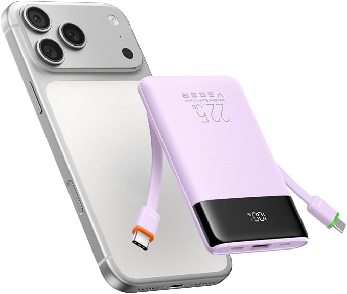 VEGER 10000mAh 22.5W Fast Charging Portable Charger with Built-in Cables | 0.4lb Slim USB C Power Bank, Small Battery Pack for iPhone 17/16/15/14/13 iPad Samsung, Flight Safe, Travel Essential, Purple by VEGER