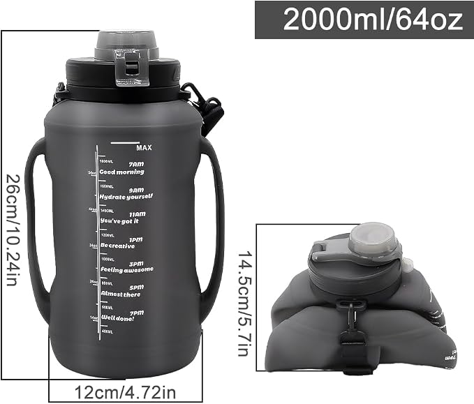 64oz Collapsible Silicone Water Bottle with Straw, BPA-Free, Foldable Travel Bottle Portable for Gym, Hiking, Camping (Black) - Image 2