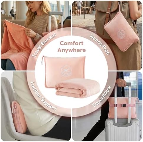 Travel Blanket, Soft 2-in-1 Airplane Blanket, Light Grey, Navy Blue, Peachy Pink, Travel Essentials Car Blanket with Luggage Sleeve & Backpack Clip - Image 3