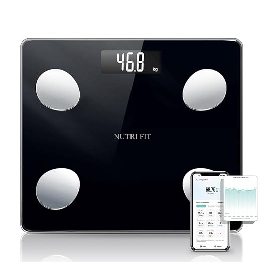 Digital Smart Scale for Body Weight Composition Analyzer Sync App | Bluetooth Sync, Backlit Display, Max 330lb, 0.2lb Precision, Health Monitor, Baby Mode, Bathroom Scale for BMI Fat Muscle by NUTRIFIT