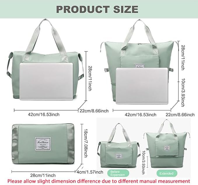 Large Capacity Folding Travel Bag, Lightweight Waterproof Luggage Bag, Expandable Travel Duffel Bag, Dry Wet Separated Gym Tote Bag, Weekender Overnight Bags for Women and Man (Light Green) - Image 4