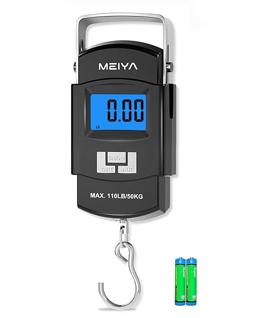 MEIYA Fish Scale 110lb/50kg Digital Fishing Scale with Backlit LCD, Portable Handle, Stainless Steel Hook & 2 AAA Batteries – Reliable Fishing Gear & Great Fishing Gifts for Men by MEIYA