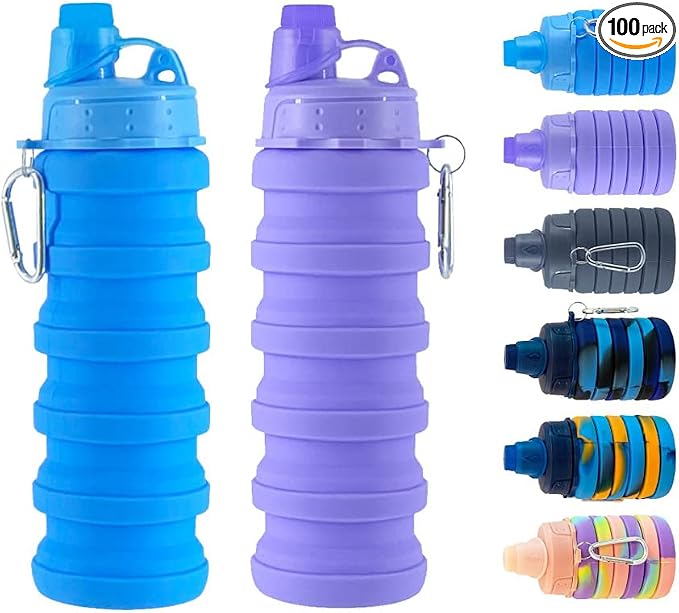 Collapsible Water Bottles 2 pack 500ML. (Blue+Purple) | Travel Water Bottle Portable Hiking Water Bottle with Leak proof Reusable BPA Free Silicone Water Bottles. by konlongzan