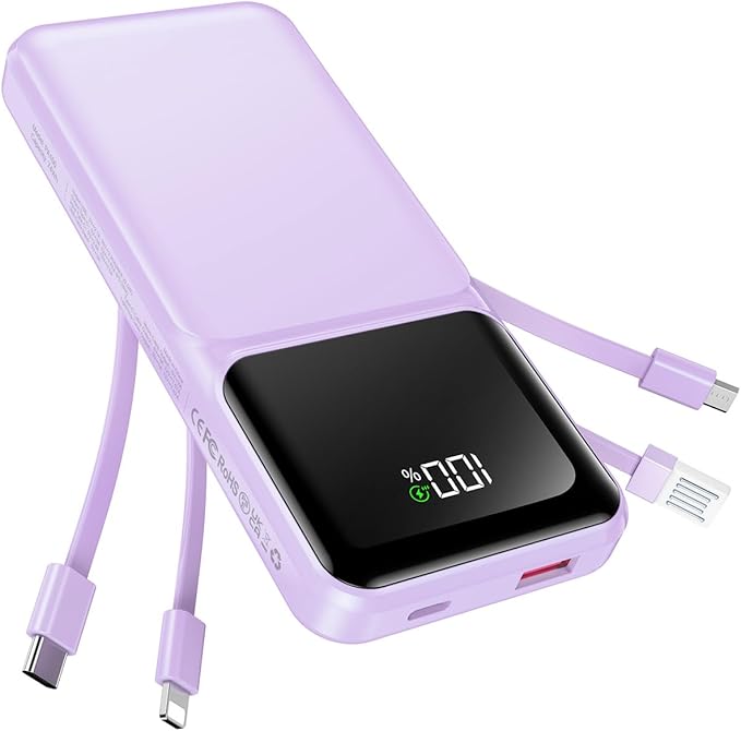 Portable Charger with Built in Cable 20000mAh Fast Charging | Power Bank USB C Slim 22.5W LED Display Battery Pack 5 Outputs & 3 Inputs for Travel Essentials iPhone Samsung Phones Purple by RONEGN