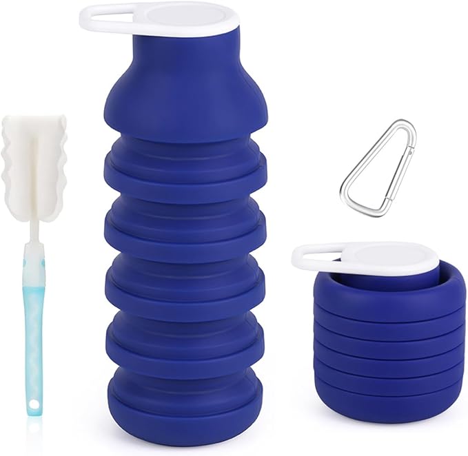Collapsible Silicone Water Bottle 20oz - Foldable Travel Bottle Leakproof, BPA Free, Space Saving for Gym, Hiking & Travel, Dishwasher Safe(Includes carabiner and cleaning brush),dark blue by BMLFOH