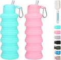 Collapsible water bottles 2 Pack with brush 500ml (Pink+Aqua blue) | BPA Free Travel Silicone Water Bottle with Carabiner,Reusable Foldable Portable Sports bottles for Gym Camping Hiking by LIZADIN