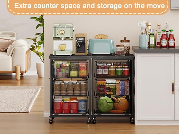 Pantry Organizer and Storage Cart, 3-Tier Kitchen Storage Cart with Drawer, Fruit Vegetable Storage Cart with Wheels, Wooden Top Metal Wire Kitchen Organizer Rack Stand for Food Snack Onion Potato - Image 5