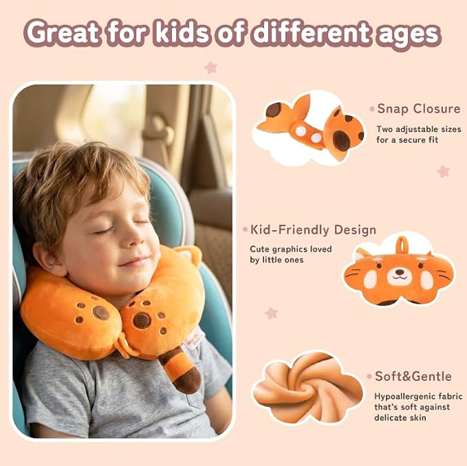 Kids Travel Neck Pillow for Ages 3-8 with Memory Foam, Red Panda | Removable cover, 13 in neck size, machine washable, hidden zipper, head and chin support, car seat and airplane use - Image 5