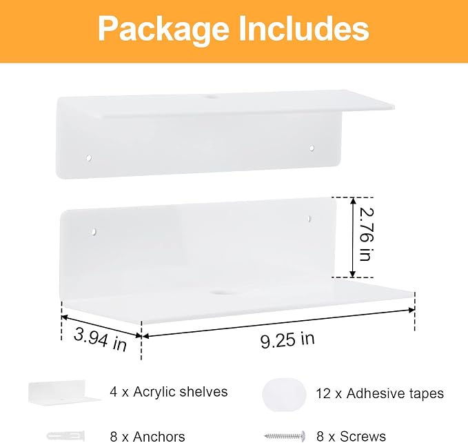 9 Inch Acrylic Floating Shelf No Drill Adhesive Wall Shelf Set of 4 for Funko Pop Storage, Floating Shelves Damage-Free Expand Wall Space for Living Room, Bathroom, Gaming Room, Office - White - Image 3
