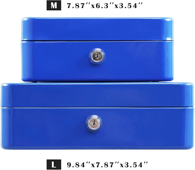 xydled Medium Cash Box with Lock, Removable Coin Tray, Steel Money Box, Blue - Image 7