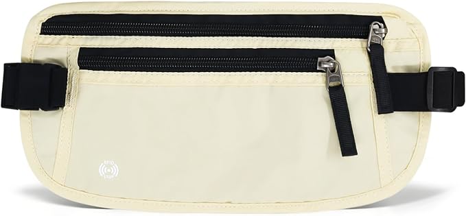 FuninCrea Waterproof Hidden Money Belt for Travel, Anti-Theft Belt Bag with RFID Blocking Function Adjustable Slim Waist Bag with 2 Zipper Pockets and 1 Back Pocket for Travel Running (B, Beige) by FuninCrea