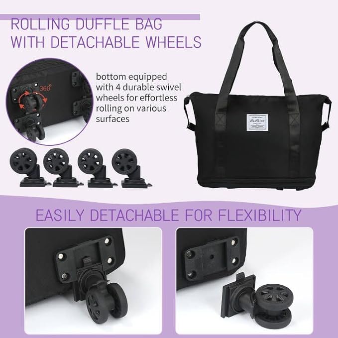 VOOWO Rolling Duffle Bag with Wheels, Expandable Foldable Duffle Bag for Travel, Rolling Under Seat Luggage Carry on Duffel Bags, Wheeled Travel Duffel Weekend Bags, Capacity 18L to 30L (Black) - Image 6