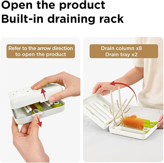 Travel Bottle Cleaner Kit with Foldable Bottle Drying Rack, White | Auto-Open Rack & Vertical Brushs Drying Slots, 3 Silicone Brushes, Foldable Drying Rack, Dispenser, BPA Free. - Image 4
