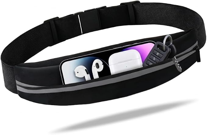 Slim Running Belt for Women and Men, Waterproof Phone Holder for Running, Reflective Waist Pack for Storing Runner’s Essentials Safely, Runner’s Fanny Pack, Money Belt Fits Most Phones (Light Black) by Unknown