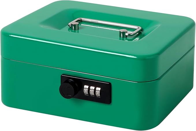 Jssmst Medium Cash Box with Combination Lock - Durable Metal Cash Box with Money Tray Green,7.87 x 6.3 x 3.35 inches by Jssmst