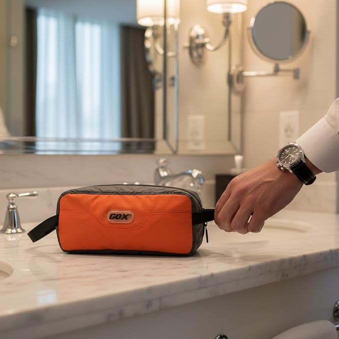GOX Travel Small Toiletry Bag for Men Nylon Dopp Kit Medicine Bag Travel Organizer Pouch Shave Kits for Teens Toiletry Essentials Bathroom Compact (Orange, 7.9 * 3.7 * 2 Inches) - Image 2
