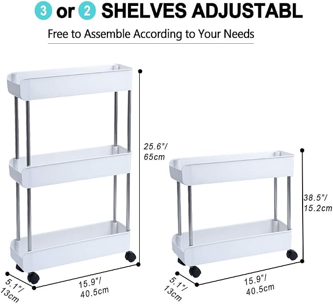 3-Tier Slim Mobile Shelving Unit on Wheels, Slide Out Rolling Bathroom Storage Organizer, Utility Carts Shelf Rack for Kitchen Bathroom Laundry Room Narrow Places, White - Image 3