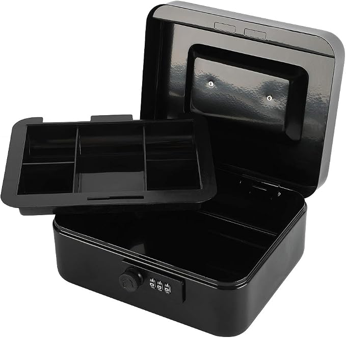 xydled Steel Cash Box Safe with Combination Lock,Money Safe Box with Removable Coin Tray,Medium,7.87"x 6.30"x 3.54",Black - Image 5