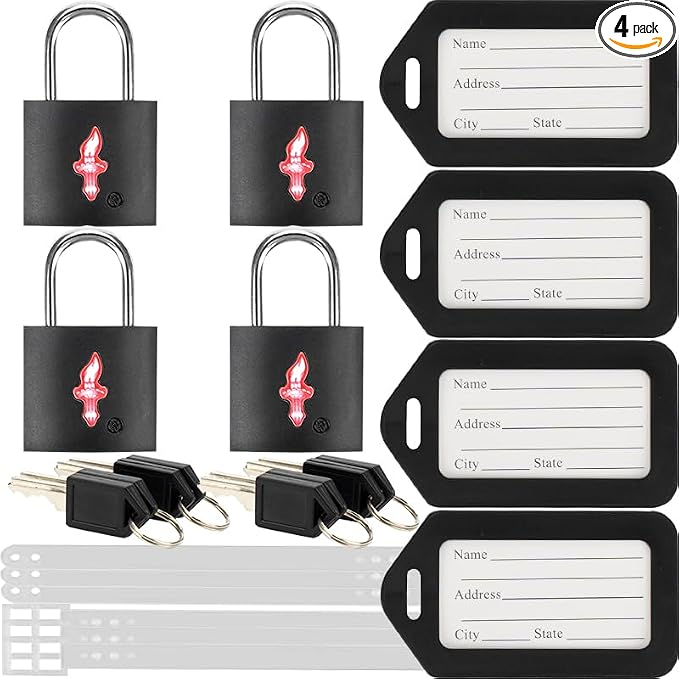TSA Keyed Alike Luggage Lock 4-Pack Black + 4 Tags – Family Travel Set | 4 locks share 1 key. Classic black finish. 4 luggage tags included. TSA Safe Skies approved. For family travel. by Colorfullife