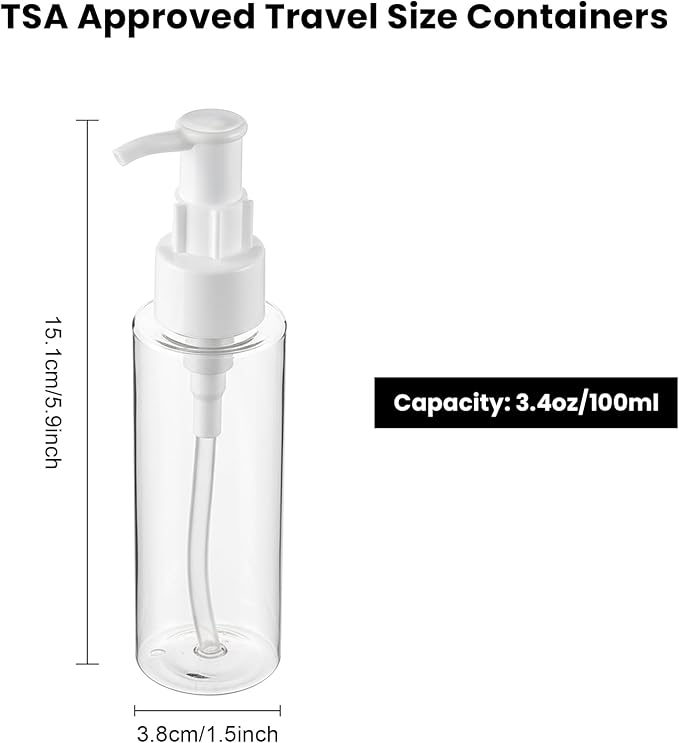 10 Pack 3.4Oz/100ml TSA Approved Travel Pump Bottle | Clear Empty Plastic Pump Bottles Dispenser, Portable Refillable Container, with Lable, for Shampoo Shower Gel - Image 2