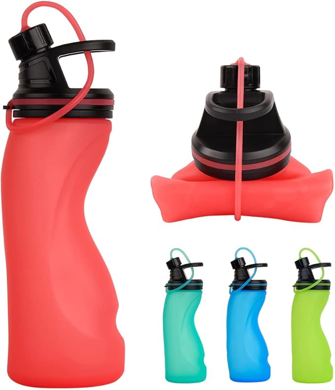 E-Senior Collapsible Water Bottle BPA Free - Foldable Water Bottle for Travel Sports Bottles with Triple Leak Proof Lightweight 17oz (Upgraded Fire Red) by SpacingSavingHelper