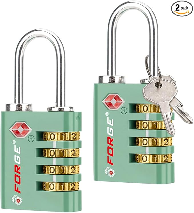 Forge Dual-Opening: Key or Combination Access Lock, TSA Approved Locks for Luggage, Pelican case, Travel, Gym, School, Stainless Steel Shackle. (Green, 2 Pk) by Forge