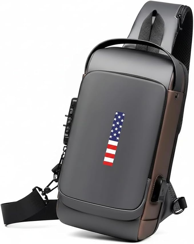 Anti-Theft Sling Bag for Men & Women | USA Flag Chest Shoulder Backpack | Waterproof Crossbody Daypack with USB Charging Port & Lock | Daily use, Travel, Working, Hiking, Cycling. (Grey or Black) by Famylux
