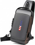 Anti-Theft Sling Bag for Men & Women | USA Flag Chest Shoulder Backpack | Waterproof Crossbody Daypack with USB Charging Port & Lock | Daily use, Travel, Working, Hiking, Cycling. (Grey or Black) by Famylux