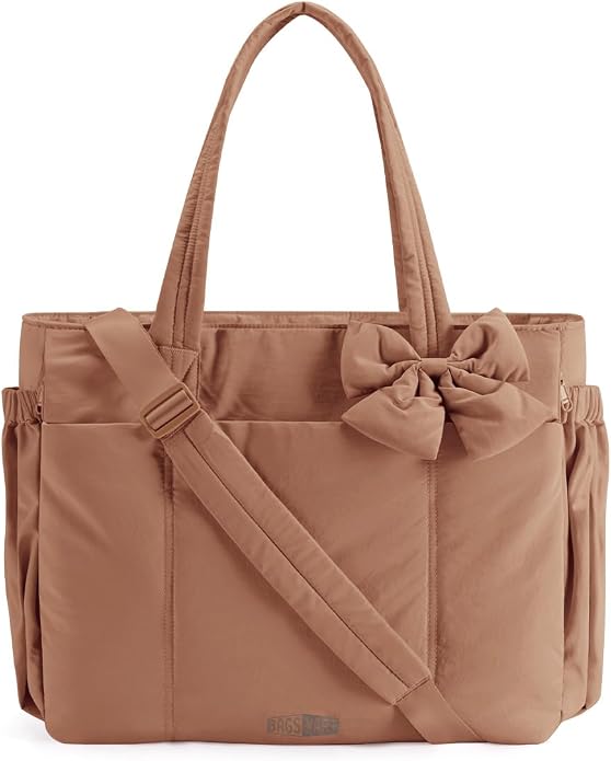 BAGSMART Crush Bow Tote Bag for Women, Puffer Travel Work Yoga Laptop Bag | Large Bow Tote Fits 40oz Tumbler, 15.6" Laptop, Yoga Mat Sleeve, Waterproof Pocket, Travel Work Swim Gym Mom Shoulder Handbag by BAGSMART