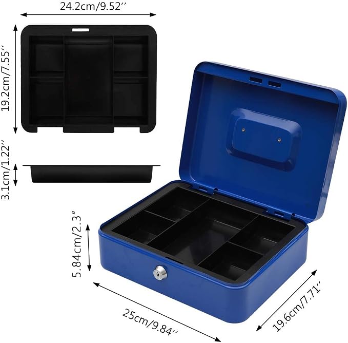 KYODOLED Large Lock Box with Money Tray,Storage Cash Box with Lock,Safe Metal Box for Money,9.84"x 7.87"x 3.54" Blue Large - Image 4