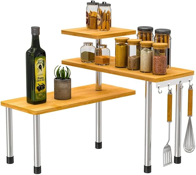 ZHWS Kitchen Countertop Organizer Spice Rack for Salt, Bathroom Counter Organizer Over Sink for Makeup, Skincare, Adjustable 3-Tier Corner Counter Shelf with 4 Hooks for Coffee Bar Dresser Table - Image 9