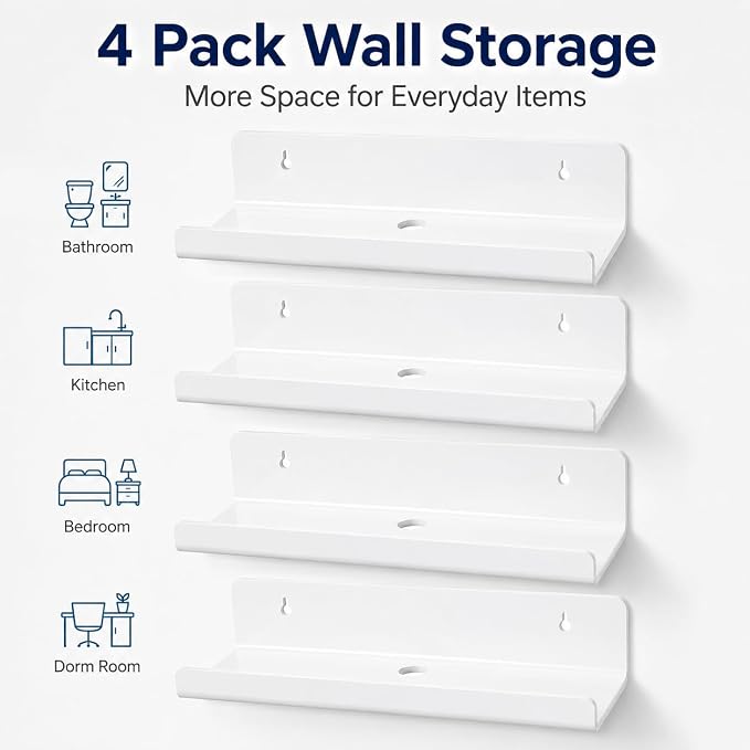 White Acrylic Floating Shelves, No Drill Wall Shelves, 4 Pack | Glossy White Acrylic; 4 Pack Wall Shelves; Adhesive or Screw Mount; No Drill Option; 12 lb Max Load - Image 7