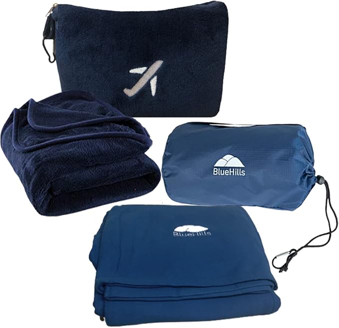 BlueHills Premium Soft Plush Travel Blanket and Ultra Compact Travel Blanket Value Pack Set of 2 - Airplane Flight Blanket Throw in a case with Strap Compact Pack for Car Plane Travel Navy Blue by BlueHills