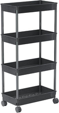 Sooyee 4 Tier Wide Storage Cart, Mobile Shelving Unit Organizer, Black | Slide Out Storage Rolling Utility Cart Tower Rack for Kitchen Bathroom Laundry, Plastic & Stainless Steel by Sooyee