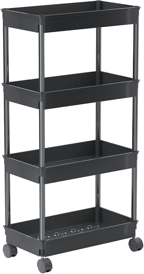 Sooyee 4 Tier Wide Storage Cart, Mobile Shelving Unit Organizer, Black | Slide Out Storage Rolling Utility Cart Tower Rack for Kitchen Bathroom Laundry, Plastic & Stainless Steel by Sooyee