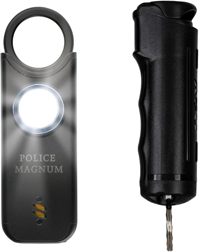 Police Magnum Personal Safety Alarm & Pepper Spray Combo Self Defense Pack for Women- Loud 135db Siren with Light & Max Strength Flip Top Pepper Spray Protection by PoliceMagnum