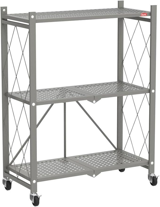 DEANIC 3 Tier Foldable Storage Shelves with Wheels, Kitchen Appliance Stand, Freestanding Metal Wire Shelf Rack, No Assembly Organizer Rolling Cart for Garage, Basement, Pantry(Grey) - Image 6