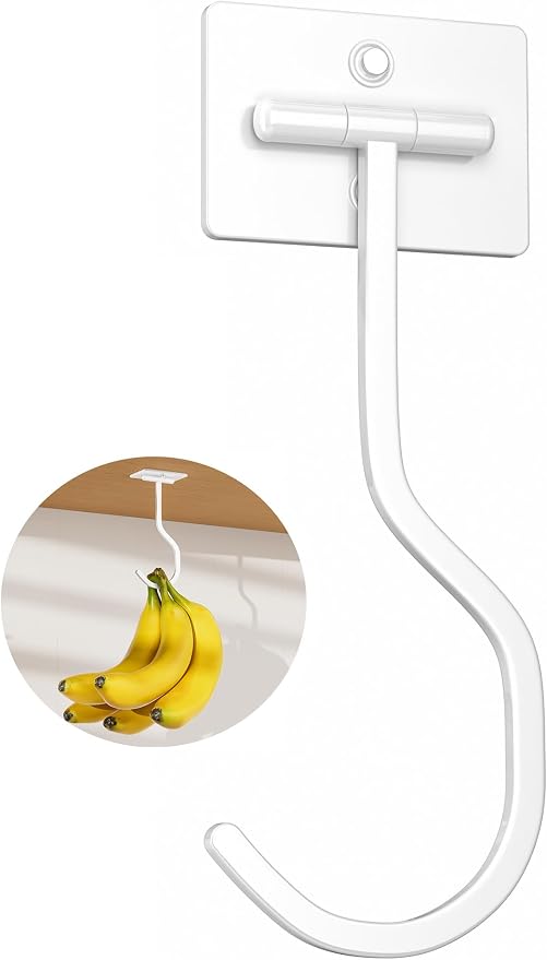 Adhesive Banana Hook Under Cabinet, Under Counter Banana Hanger, White | Foldable Banana Hanger, Metal Banana Holder, Hold 20 Bananas, Space-Saving Design, Folding with Magnets When Not in Use by BUSSDIS